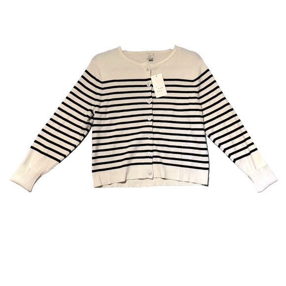 a new day Sweaters - A New Day Cardigan Women XL Cream Black Striped Ribbed Knit Button Front Sweater